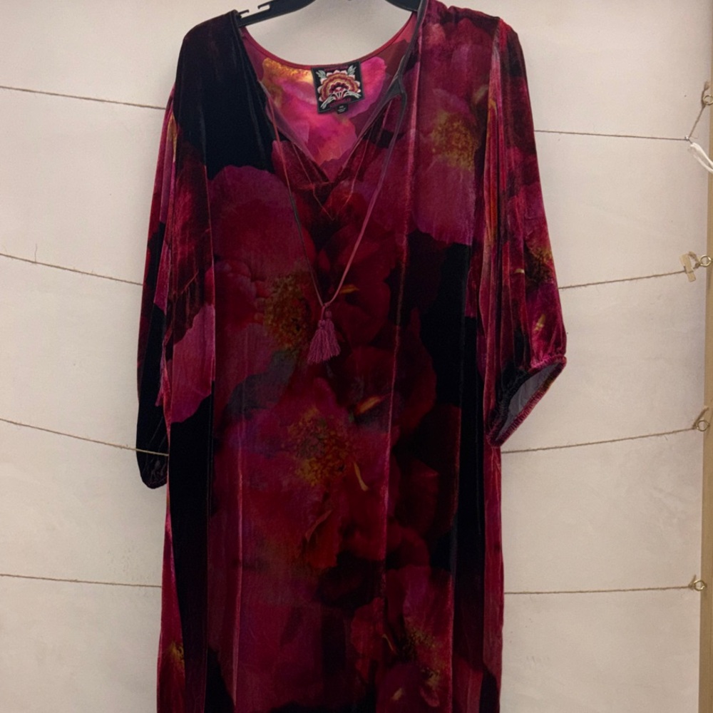 JOHNNY WAS Velvet Tassel Dress in Deep Red and Black Floral